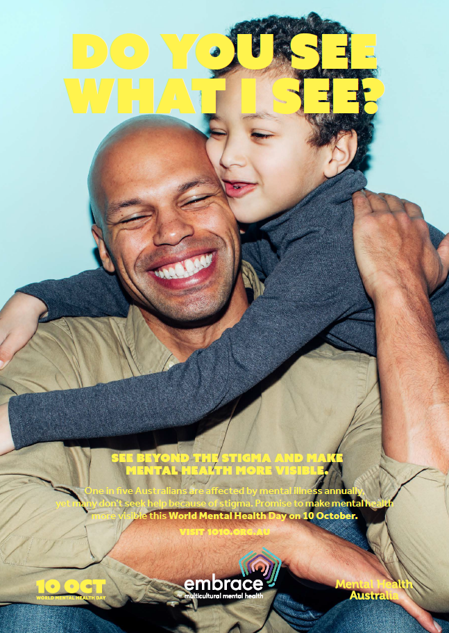 World Mental Health Day 2019 poster featuring a father and son hugging